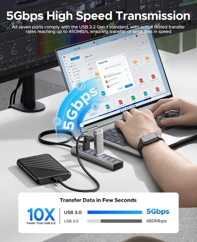 Alt view image 13 of 14 - Multiport Aluminum USB Hub with 3.28 Ft Cable, 7 Ports USB 3.0 Hub+ 4 Ports USB 3.2 Hub
