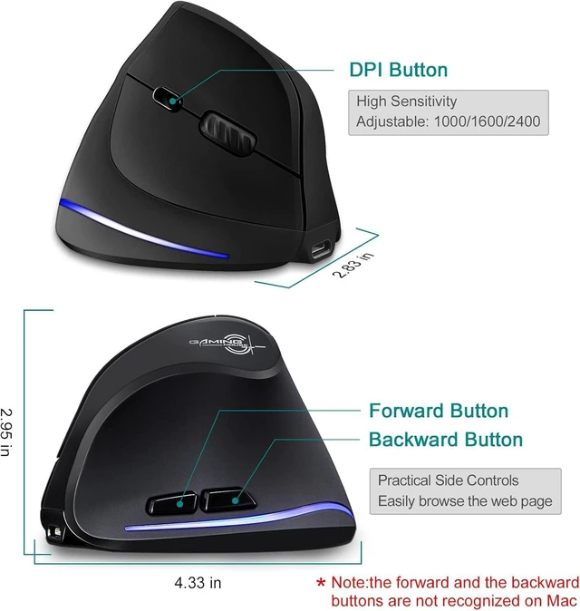 Alt view image 11 of 12 - TRELC Wireless Mouse Tri-Mode (BT 5.0/3.0+2.4GHz), Ergonomic Vertical Mouses with 3 Adjustable DPI, Rechargeable Optical Wireless Mice for 3 Devices, 7 Buttons for PC, Desktop, Laptop, Tablet (Black)