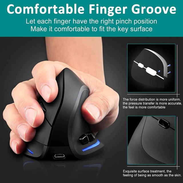 Alt view image 12 of 12 - TRELC Wireless Mouse Tri-Mode (BT 5.0/3.0+2.4GHz), Ergonomic Vertical Mouses with 3 Adjustable DPI, Rechargeable Optical Wireless Mice for 3 Devices, 7 Buttons for PC, Desktop, Laptop, Tablet (Black)