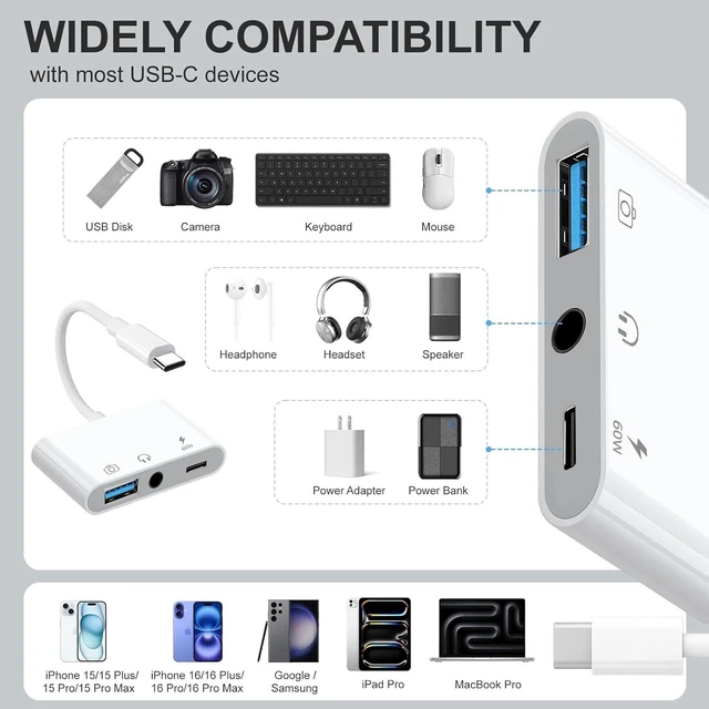 Alt view image 10 of 14 - Aux to USB C to USB Adapter 3-in-1 USB OTG Adapter with USB C to 3.5mm Audio Adapter and 60W PD Fast Charging Port Compatible with iPhone15/16/17 iPadPro MacBook Galaxy S23 and More