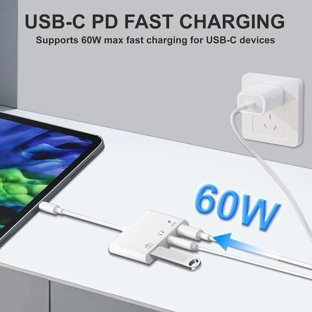 Alt view image 13 of 14 - Aux to USB C to USB Adapter 3-in-1 USB OTG Adapter with USB C to 3.5mm Audio Adapter and 60W PD Fast Charging Port Compatible with iPhone15/16/17 iPadPro MacBook Galaxy S23 and More