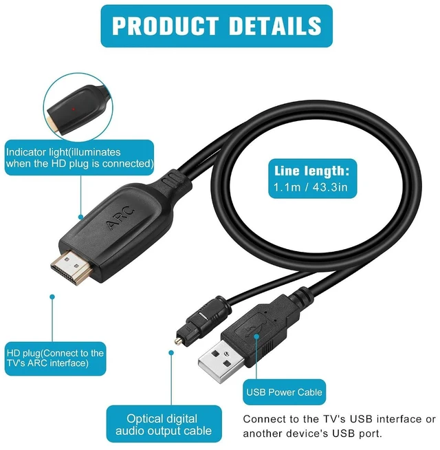 Alt view image 13 of 14 - 192KHz HDMI ARC to Optical Audio Converter for TV to Soundbar Plug & Play 3.7ft/1.15m ARC to Optical Cable Audio Extractor Adapter Splitter for Sound System Speaker Home Theater Support Dolby/DTS 5.1