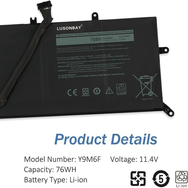 Alt view image 9 of 10 - Y9M6F Laptop Battery for Dell Alienware M15 R2 P87F Alienware M17 R2 P41E Series Replacement Battery for 0Y9M6F 8K84V 08K84V 11.4V/76WH