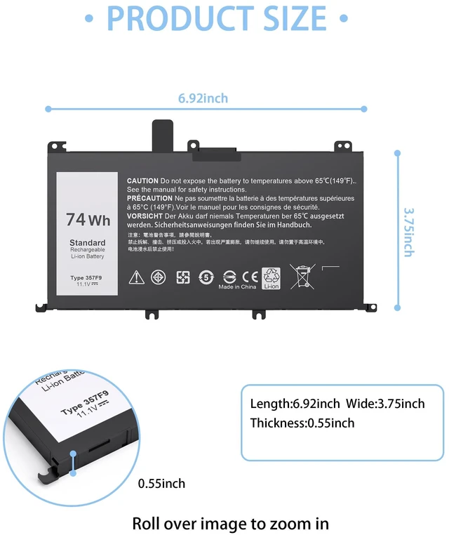 Alt view image 8 of 10 - VNYUNQWE 74WH 357F9 Laptop Battery for Dell Inspiron 15 7000 Gaming 15 7559 i7559 7557 i7557 5577 7567 5576 7566 INS15PD Series P65F P65F001 P57F P57F003 71JF4 071JF4 0GFJ6 0357F9