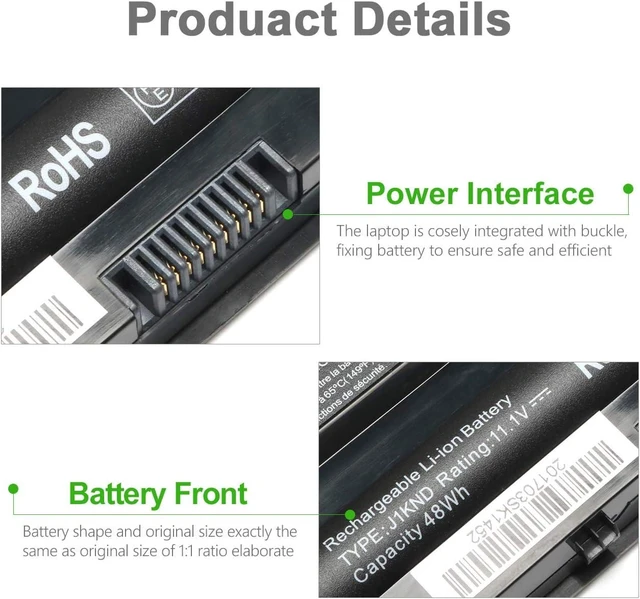 Alt view image 12 of 14 - Replacement J1KND Laptop Battery 11.1V 48Wh for Dell Inspiron N7010 N7110 N5010 N5110 N5030 N5040 N5050 3520 N4010 N4110 N4050 M5010 3420 M5030 M5040 M5110 Vostro 3550 3450 1440 3750 JlKND