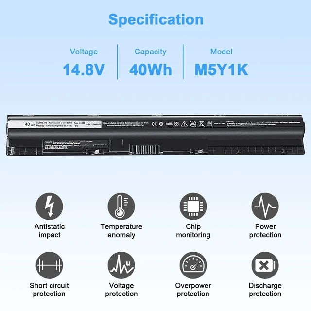 Alt view image 9 of 14 - M5Y1K 14.8V 40wh Battery Replacement for Dell Inspiron 14 15 17 5000 3000 Series 5559 5558 3451 3452 3458 3551 5458 5755 5756 5758 5759 P47F P51F P52F P63F P64G 453-BBBQ GXVJ3 WKRJ2 HD4J0 991XP VN3N