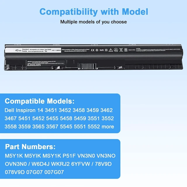 Alt view image 11 of 14 - M5Y1K 14.8V 40wh Battery Replacement for Dell Inspiron 14 15 17 5000 3000 Series 5559 5558 3451 3452 3458 3551 5458 5755 5756 5758 5759 P47F P51F P52F P63F P64G 453-BBBQ GXVJ3 WKRJ2 HD4J0 991XP VN3N