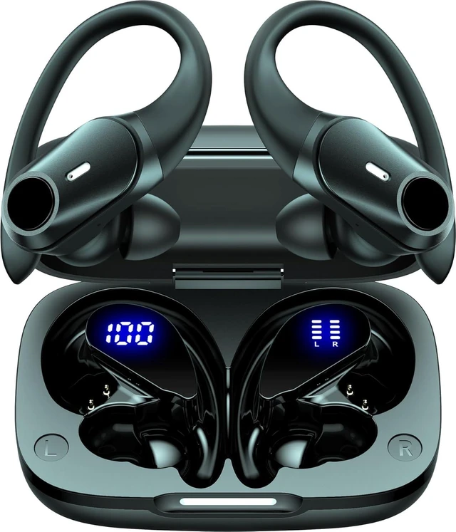 Alt view image 7 of 12 - Active Noise Cancelling Ear Buds Wireless Earbuds Bluetooth Headphones with 80H Playtime LED Display Charging Case, Over Ear Earphones with Hooks for Sports Running Gym Workout Black