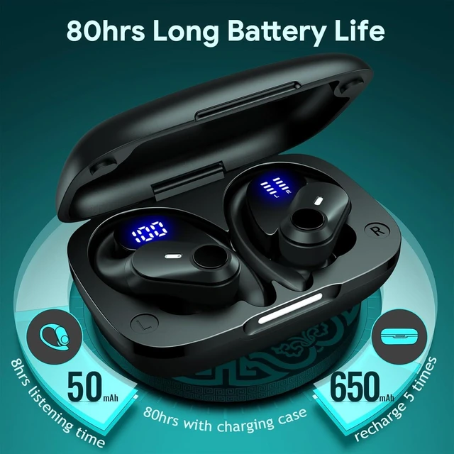 Alt view image 9 of 12 - Active Noise Cancelling Ear Buds Wireless Earbuds Bluetooth Headphones with 80H Playtime LED Display Charging Case, Over Ear Earphones with Hooks for Sports Running Gym Workout Black