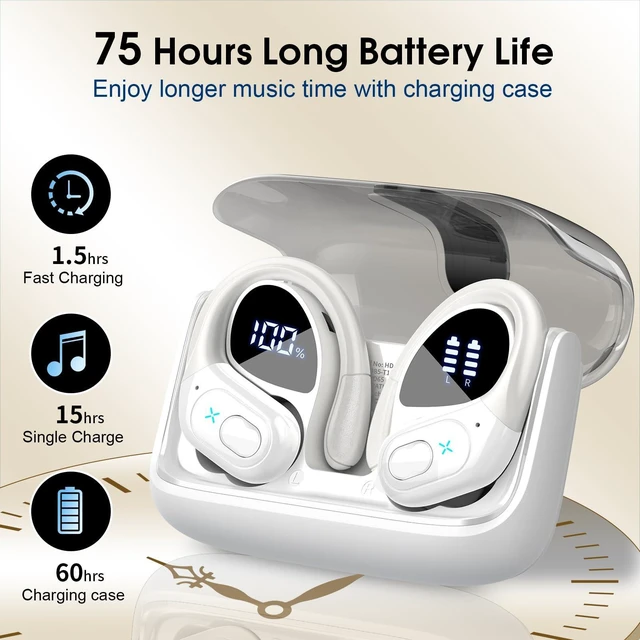 Alt view image 9 of 14 - Wireless Earbuds 75hrs Bluetooth 5.4 Headphone Sport, 2026 Bluetooth Earbuds Stereo Deep Bass Over Ear Bud with Earhooks, ENC Noise Cancelling Mic, IPX7 Waterproof Earphone for Gym/Workout, White
