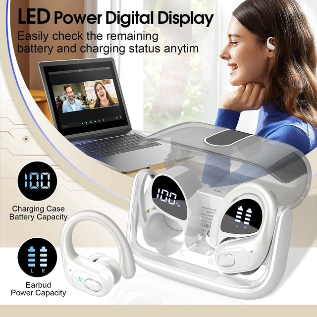 Alt view image 12 of 14 - Wireless Earbuds 75hrs Bluetooth 5.4 Headphone Sport, 2026 Bluetooth Earbuds Stereo Deep Bass Over Ear Bud with Earhooks, ENC Noise Cancelling Mic, IPX7 Waterproof Earphone for Gym/Workout, White