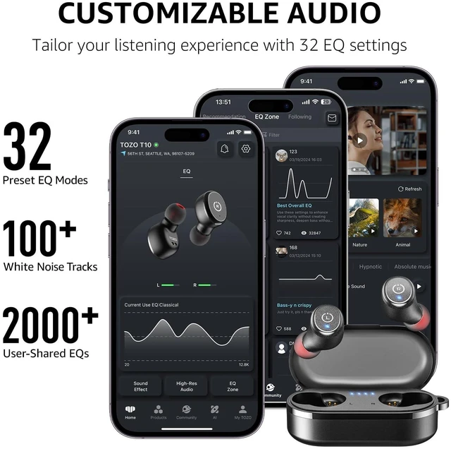 Alt view image 13 of 14 - T10 Wireless Earbuds Bluetooth 5.3 Headphones, App Customize EQ, Ergonomic Design, 55H Playtime, Wireless Charging Case, IPX8 Waterproof Sound in-Ear Headset, New Version