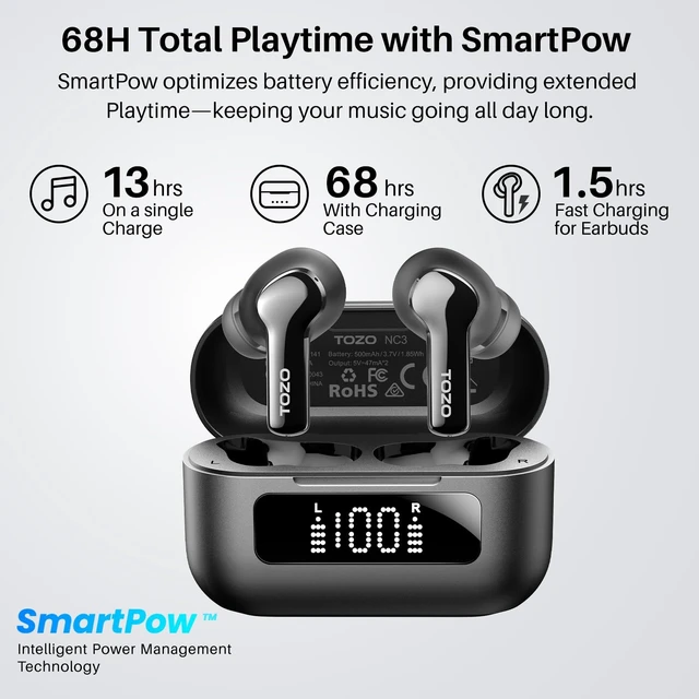 Alt view image 11 of 14 - Hybrid Active Noise Cancelling Wireless Earbuds with 6 Mics AI Clear Call Ear Buds 68H Playtime with LED Display 32 Preset EQs via APP Bluetooth 5.3 IPX8 Waterproof in Ear Headphones
