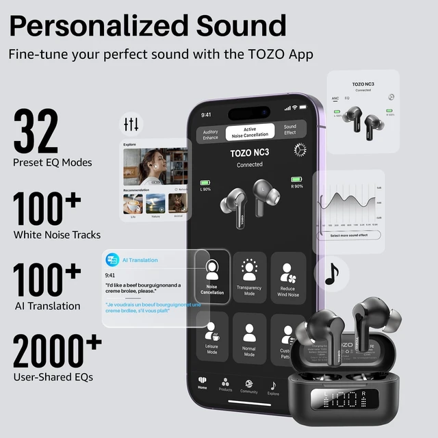 Alt view image 13 of 14 - Hybrid Active Noise Cancelling Wireless Earbuds with 6 Mics AI Clear Call Ear Buds 68H Playtime with LED Display 32 Preset EQs via APP Bluetooth 5.3 IPX8 Waterproof in Ear Headphones