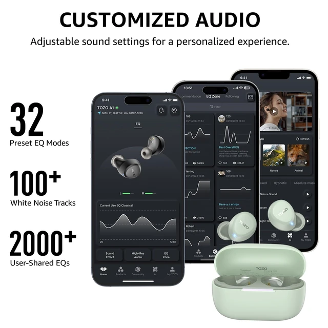 Alt view image 12 of 14 - A1 Wireless Earbuds Bluetooth 5.3 Light Weight in Ear IPX5 Waterproof Headphones 2 Mic for AI Calls, Immersive Premium Sound Bass Headset with Charging Case, 32 Presets EQ Customization via App