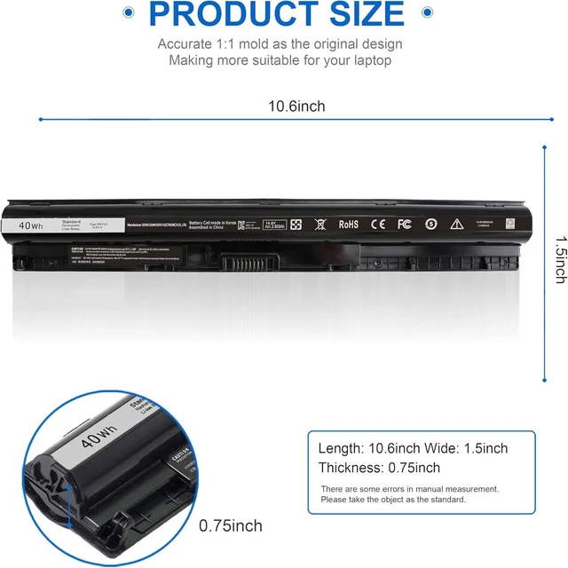 Alt view image 8 of 12 - 40Wh M5Y1K 14.8V Battery for Dell Inspiron 14 15 17 5000 3000 Series 5559 5558 5566 3551 3451 3558 3552 i3558 3567 5755 5756 5458 5759 5758 5759 VN3N0 HD4J0 GXVJ3 P51F P63F P47F P52F 453-BBBQ P64G