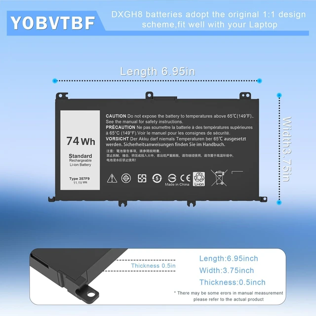 Alt view image 7 of 10 - 74WH 357F9 Laptop Battery Compatible With Dell Inspiron 15 5000 7000 5576 5577 Gaming 15 7559 i7559 7557 i7557 5577 7567 5576 7566 P65F P65F001 P57F P57F003 71JF4 071JF4 0GFJ6 0357F 11.1V 11.4V