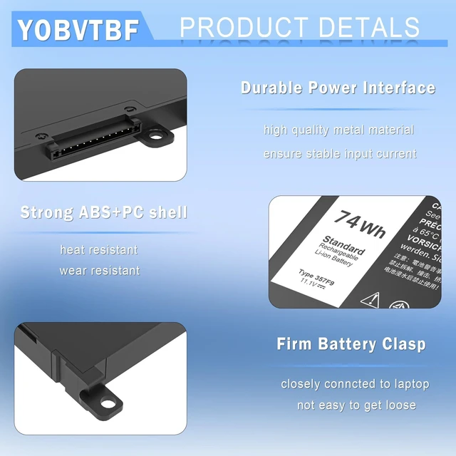 Alt view image 8 of 10 - 74WH 357F9 Laptop Battery Compatible With Dell Inspiron 15 5000 7000 5576 5577 Gaming 15 7559 i7559 7557 i7557 5577 7567 5576 7566 P65F P65F001 P57F P57F003 71JF4 071JF4 0GFJ6 0357F 11.1V 11.4V