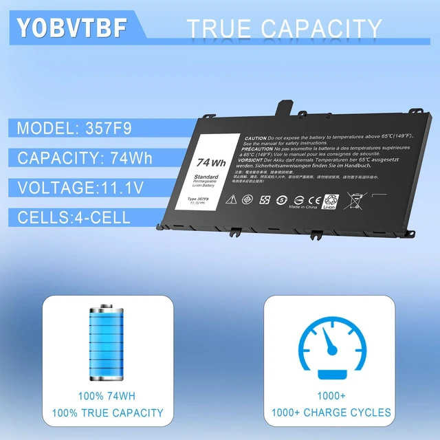 Alt view image 9 of 10 - 74WH 357F9 Laptop Battery Compatible With Dell Inspiron 15 5000 7000 5576 5577 Gaming 15 7559 i7559 7557 i7557 5577 7567 5576 7566 P65F P65F001 P57F P57F003 71JF4 071JF4 0GFJ6 0357F 11.1V 11.4V