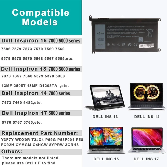 Alt view image 10 of 14 - 42Wh WDX0R Laptop Battery Replacement for Dell Inspiron 13 15 5000 7000 Series 5378 5379 5565 5567 5570 5579 7378 7569 7573 7579, Latitude 3500 3580 3590 3400 3480 3490 3189 3390 P58F P66F P75F