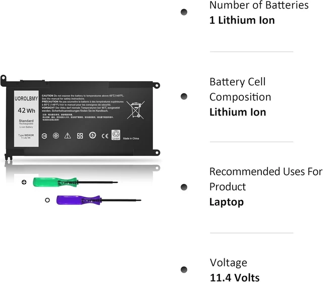 Alt view image 13 of 14 - 42Wh WDX0R Laptop Battery Replacement for Dell Inspiron 13 15 5000 7000 Series 5378 5379 5565 5567 5570 5579 7378 7569 7573 7579, Latitude 3500 3580 3590 3400 3480 3490 3189 3390 P58F P66F P75F