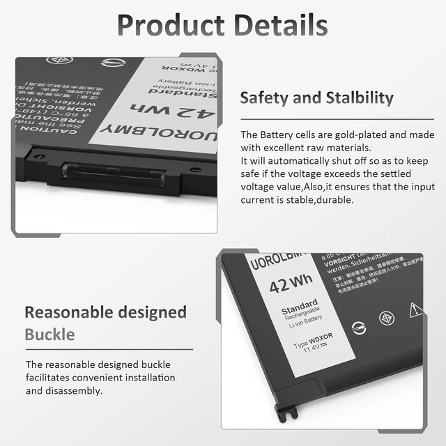 Alt view image 12 of 14 - 42Wh WDX0R Laptop Battery Replacement for Dell Inspiron 13 15 5000 7000 Series 5378 5379 5565 5567 5570 5579 7378 7569 7573 7579, Latitude 3500 3580 3590 3400 3480 3490 3189 3390 P58F P66F P75F