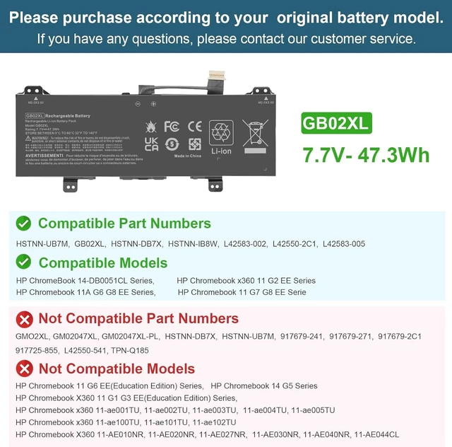 Alt view image 12 of 14 - Notebook Battery GB02XL for HP Chromebook 14-DB0051CL x360 11 G2 EE Chromebook 11A G6 G8 EE Chromebook 11 G7 G8 EE Series