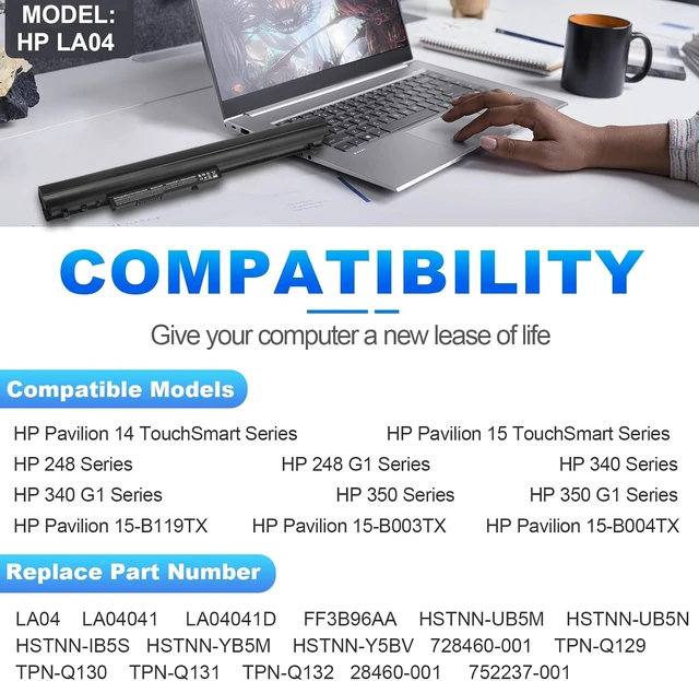 Alt view image 10 of 14 - TREE.NB Laptop/Notebook Battery Replacement for HP LA04 776622-001 728460-001 TPN-Q130 752237-001 TPN-Q132 TPN-Q129 LA04DF HSTNN-DB5M HSTNN-YB5M F3B96AA HSTNN-UB5M - Black - High Performance New