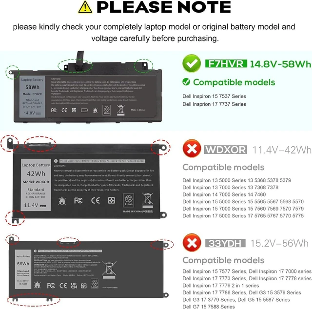 Alt view image 9 of 14 - Futurebatt F7HVR Notebook Battery 14.8V 58WH Replaceable for Dell Inspiron 15 7537 Dell Insprion 17 7737 Series