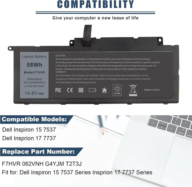 Alt view image 13 of 14 - Futurebatt F7HVR Notebook Battery 14.8V 58WH Replaceable for Dell Inspiron 15 7537 Dell Insprion 17 7737 Series