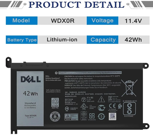 Alt view image 7 of 10 - DELL WDX0R Notebook Battery for Dell Inspiron 15 7579 7573 7560 7569 7570 5565 5567 5568 5570 5578 5579 7586 13 7368 7378 5368 5378 5379 17 5765 5767 5775 Latitude 3490 3590 P66F P58F P32E11.4V 42Wh