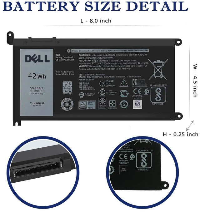 Alt view image 8 of 10 - DELL WDX0R Notebook Battery for Dell Inspiron 15 7579 7573 7560 7569 7570 5565 5567 5568 5570 5578 5579 7586 13 7368 7378 5368 5378 5379 17 5765 5767 5775 Latitude 3490 3590 P66F P58F P32E11.4V 42Wh