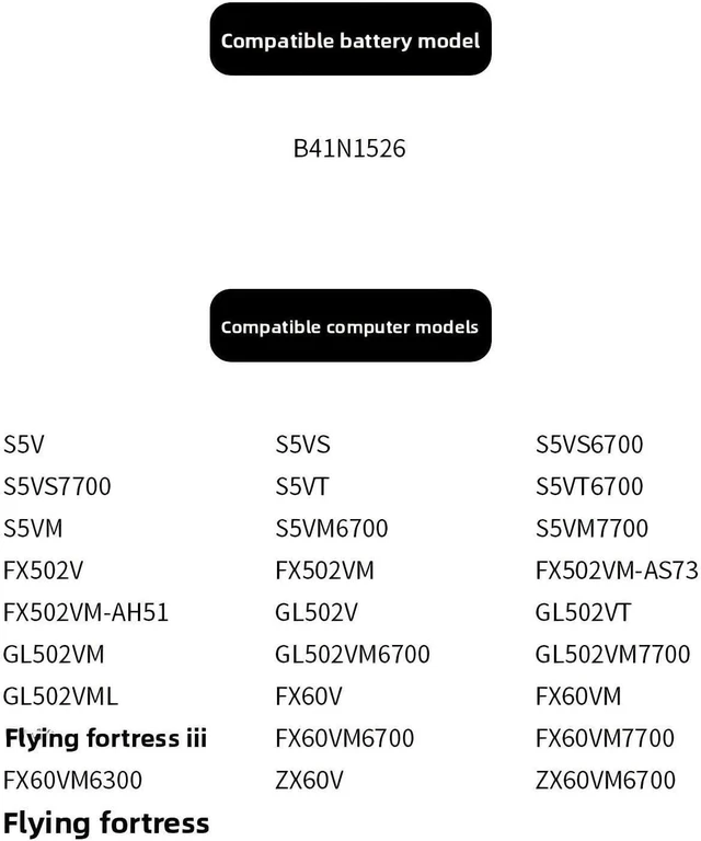 Alt view image 12 of 12 - Compatible for ASUS,Flying Fortress 3rd Gen FX60VM/ZX60V/FX502VM Battery - Works with B41N1526 | 15.2V 4240mAh Notebook Battery.