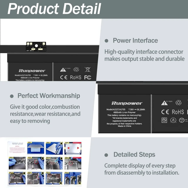 Alt view image 8 of 10 - Runpower A1534 Battery, A1705 A1527 Replacement Laptop Battery is Compatible with MacBook 12 Inch Retina A1534 Battery(Early 2015 2016 2017) 7.56V 36.28WH 4800mAh