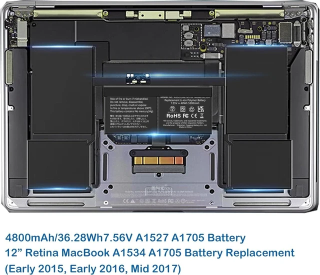 Alt view image 7 of 10 - A1534 A1705 Battery, A1527 A1705 Replacement Battery Compatible with MacBook 12 inch Retina Laptop A1534 A1705(Early 2015, Early 2016, Mid 2017) 5300mAh/40Wh,fits EMC 2746 2991 3099