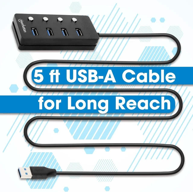 Alt view image 9 of 14 - 4 Port USB Extension Cable Hub with (5ft Long Cord) USB 3.2 Powered USB Splitter On/Off Switches USB Extender/Multiport Adapter for Desktop Computer, Laptop, PC Accessories