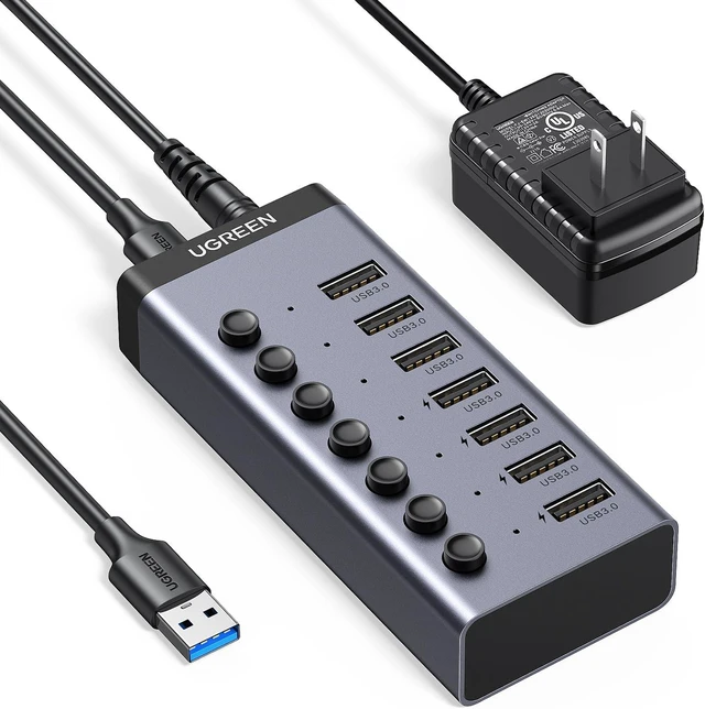 Alt view image 8 of 14 - UGREEN Powered USB 3.0 Hub, 7-Port USB Adapter with 4 Smart Charging Ports, USB Splitter with Individual Led On/Off Switches and Power Adapter, USB Ports Extender for Laptop PC