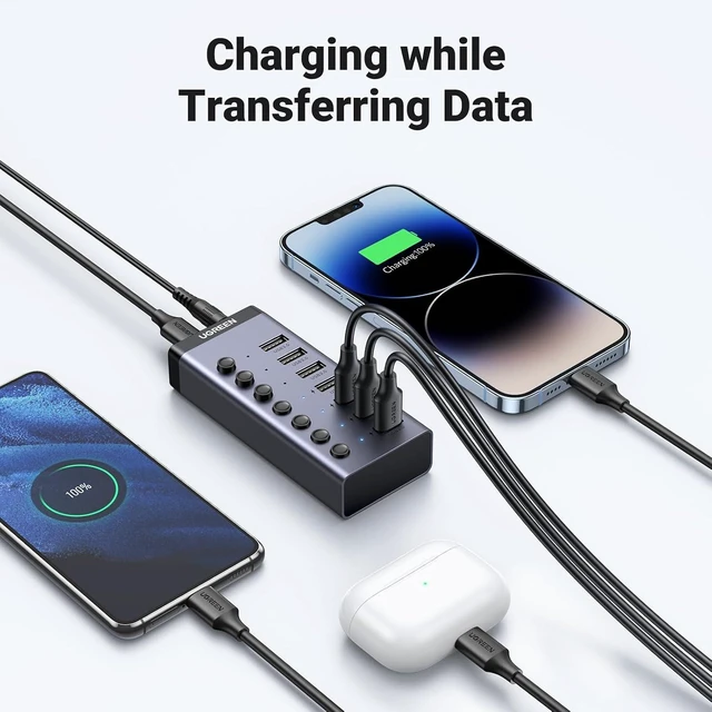 Alt view image 12 of 14 - UGREEN Powered USB 3.0 Hub, 7-Port USB Adapter with 4 Smart Charging Ports, USB Splitter with Individual Led On/Off Switches and Power Adapter, USB Ports Extender for Laptop PC