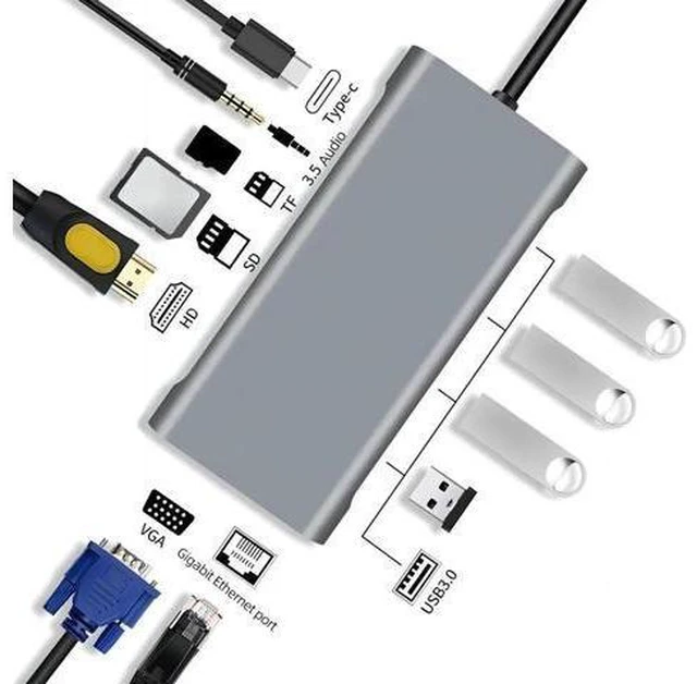 Alt view image 8 of 14 - USB Hub 11 in 1 Type-c Splitter to USB Adapter VGA Card Reader Multiple Ports Dock Station USB