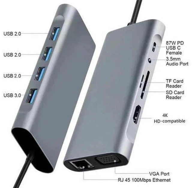 Alt view image 9 of 14 - USB Hub 11 in 1 Type-c Splitter to USB Adapter VGA Card Reader Multiple Ports Dock Station USB