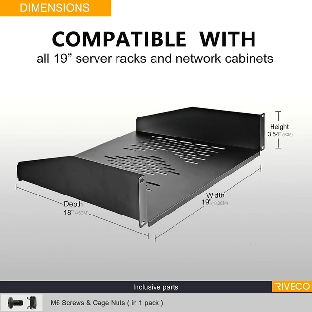 Alt view image 9 of 12 - RIVECO 19 2U Rack Shelf Server Cabinet Mount Vented Cantilever Tray for Network Equipment, 18 Inches 45 CM Depth, Black