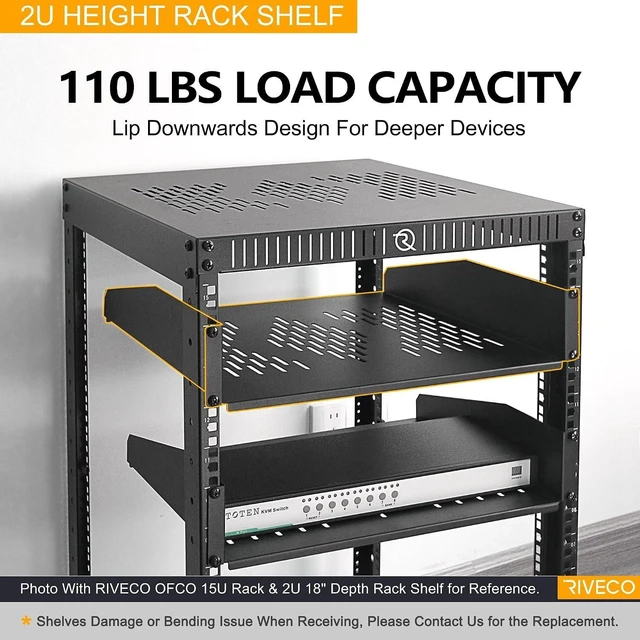 Alt view image 11 of 12 - RIVECO 19 2U Rack Shelf Server Cabinet Mount Vented Cantilever Tray for Network Equipment, 18 Inches 45 CM Depth, Black