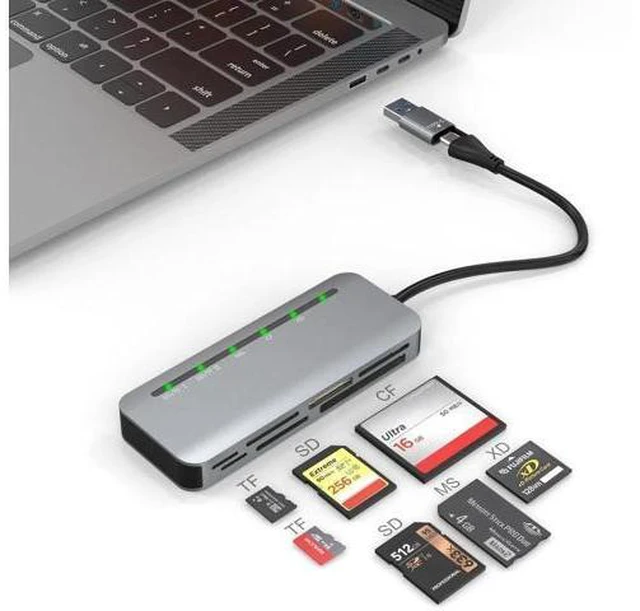 Alt view image 8 of 14 - 7-in-2 Multi Camera Card Reader, USB 3.0 & USB-C Dual Interface Memory Stick Pro Duo Adapter, Supports SD/Micro SD/CF/XD/MS Pro Duo, 5Gbps High Speed, Read 5 Cards Simultaneously, Compatible with iPho