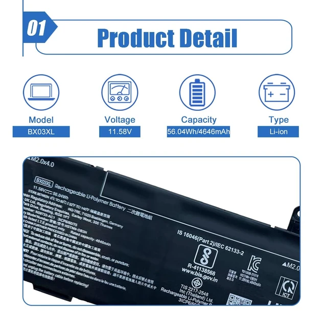 Alt view image 7 of 10 - Dentsing BX03XL Laptop Battery 56.04Wh Replacement for HP EliteBook 830 835 840 845 860 865 G11 ZBook Firefly 14 16 G11 Series BX03056XL HSTNN-OB3H N59733-AC1 HSTNN-AB1D N59733-B71 11.58V 4646mAh