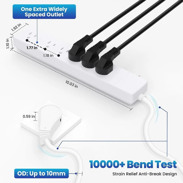 Alt view image 8 of 12 - Elecan 3 Prong Power Strip with 4 FT Extension Cord, 5 AC Outlets+1 Widely Spaced Outlet, Space Saving 45 Degree Flat Plug, 14AWG 1875W 125V 15A, Wall Mountable Multi Outlet Extender, ETL, White