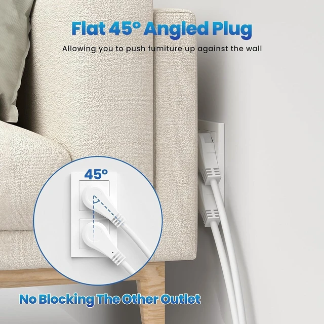 Alt view image 9 of 12 - Elecan 3 Prong Power Strip with 4 FT Extension Cord, 5 AC Outlets+1 Widely Spaced Outlet, Space Saving 45 Degree Flat Plug, 14AWG 1875W 125V 15A, Wall Mountable Multi Outlet Extender, ETL, White