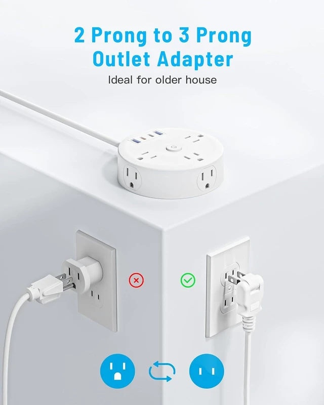 Alt view image 9 of 10 - 10FT 2 Prong Power Strip, Yozisital 2 Prong to 3 Prong Outlet Adapter, Flat Extension Cord, Surge Protector with Rotating Plug, 6 Outlets 4 USB(2 USB C), Wall Mount, Ideal for Non-Grounded Outlets