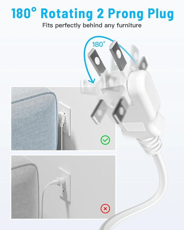 Alt view image 8 of 10 - 10FT 2 Prong Power Strip, Yozisital 2 Prong to 3 Prong Outlet Adapter, Flat Extension Cord, Surge Protector with Rotating Plug, 6 Outlets 4 USB(2 USB C), Wall Mount, Ideal for Non-Grounded Outlets
