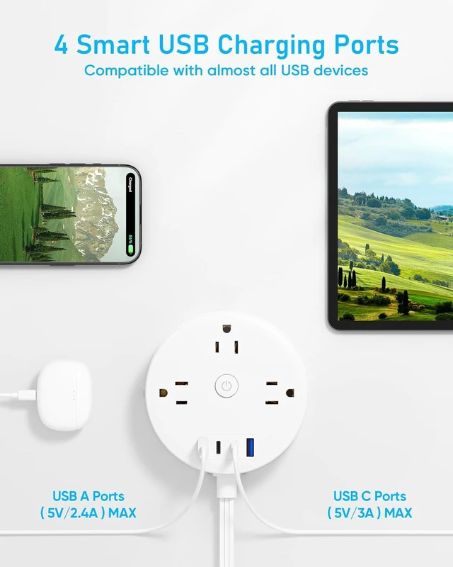 Alt view image 10 of 10 - 10FT 2 Prong Power Strip, Yozisital 2 Prong to 3 Prong Outlet Adapter, Flat Extension Cord, Surge Protector with Rotating Plug, 6 Outlets 4 USB(2 USB C), Wall Mount, Ideal for Non-Grounded Outlets