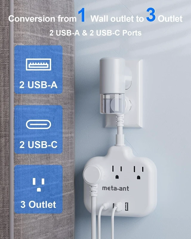 Alt view image 8 of 12 - Short Extension Cord 2 inch, Short Cord Power Strip with 3 Outlets 4 USB(2 USB-C) 17W, Flat Outlet Extender, Non-Blocking, Non-Surge Protection for Cruise Travel Dorm Kitchen Bathroom, White